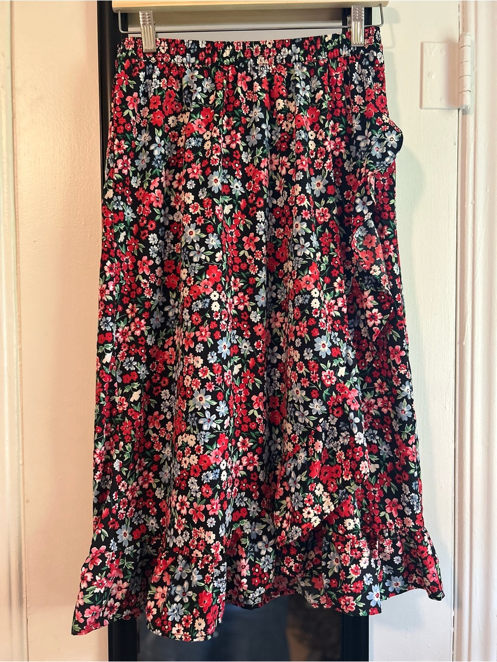 Only Ditsy Floral Midi Skirt with Black, Red, Pink, Blue, Green & White Flowers